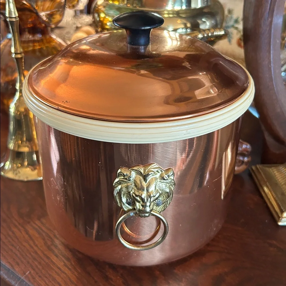 Vintage Copper and Brass Ice Bucket with Lion Head Handles